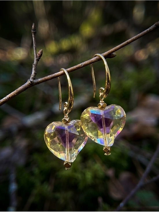 Hand Crafted Jewelry - Iridescent Heart-Shaped Crystal Drop Earrings on 18KGP Hook Ear Wires